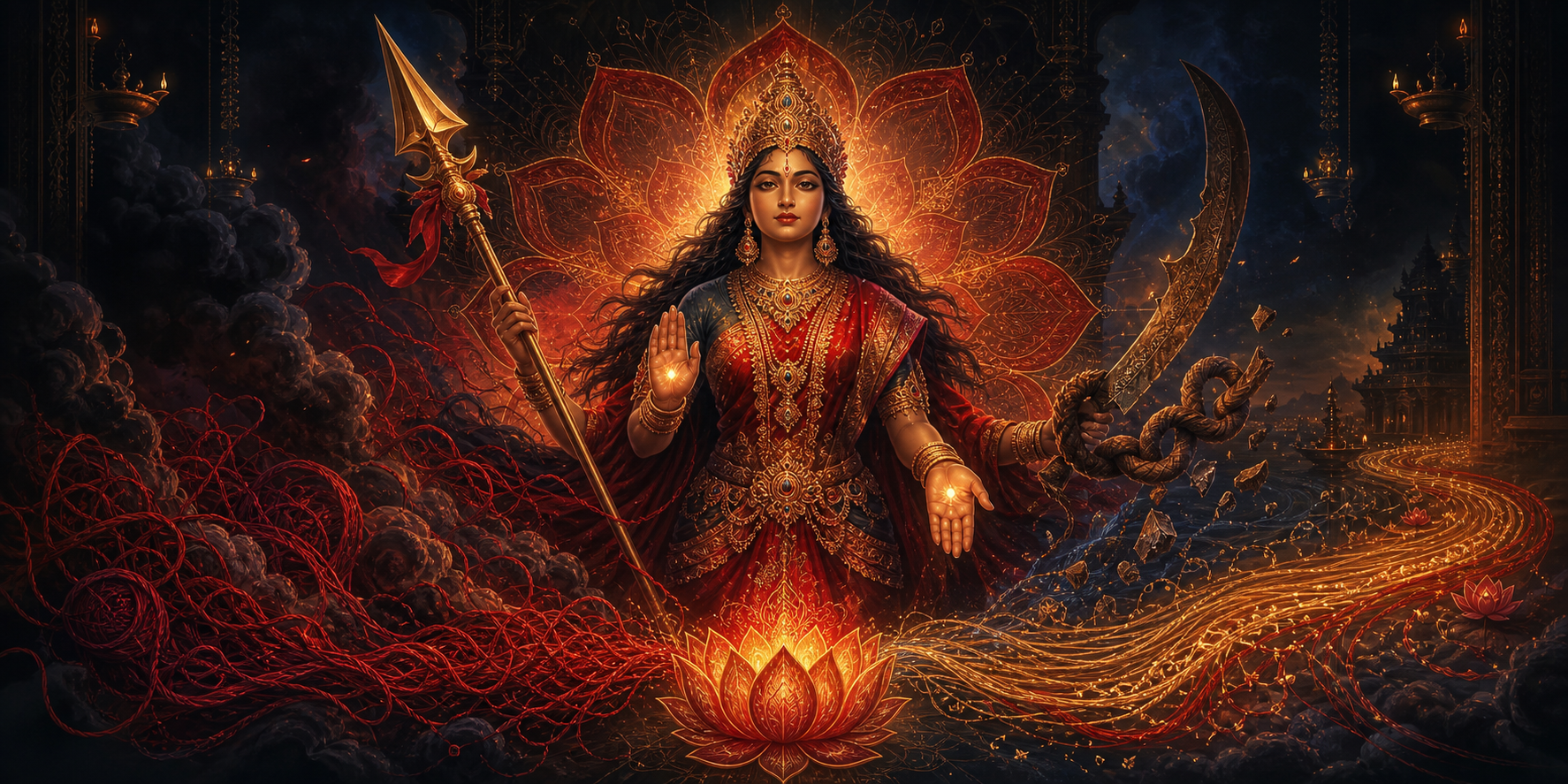 A radiant feminine figure stands between a ceremonial spear and a curved blade as tangled threads become an orderly flowing pattern beneath her.