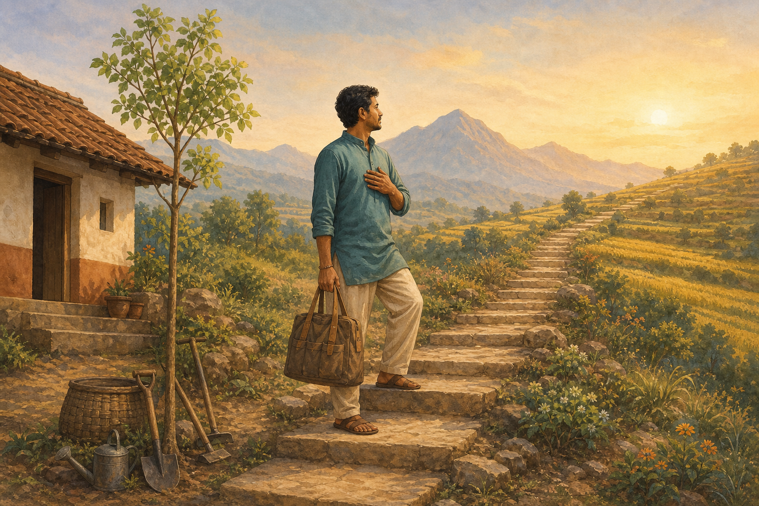 A devotee offers water toward the morning sun beside a lamp, sesame seeds, fruit, flowers, and folded cloth in a Tamil home courtyard.