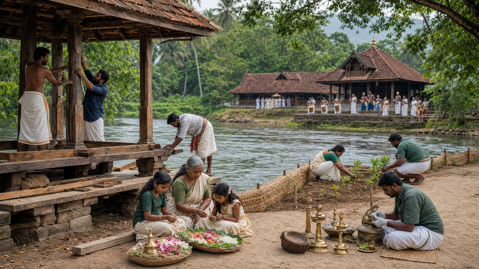 Community members repair a riverside pavilion, teach children to prepare offerings, tend native plants, and sustain traditional music beside the Nila River.