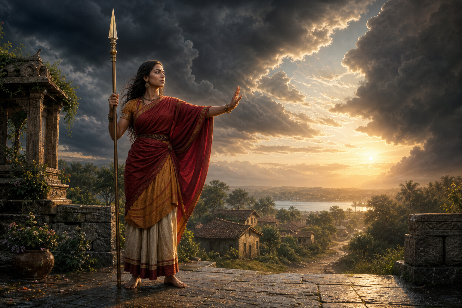 A calm feminine guardian holds a spear upright and raises an open hand as storm clouds part above a village path.