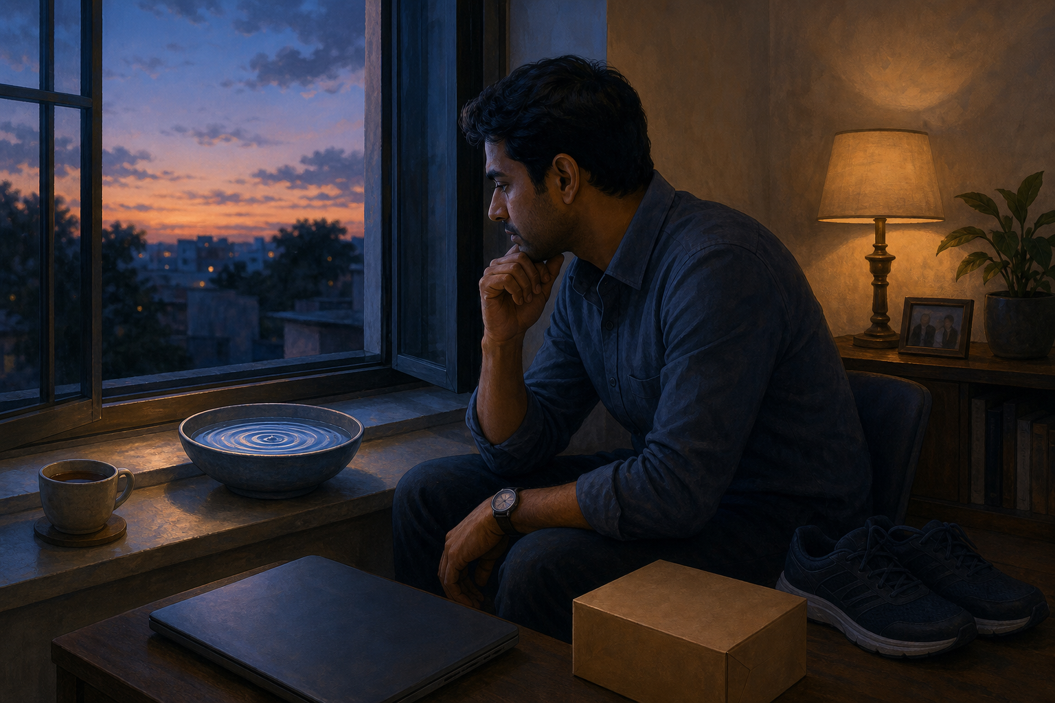 A person sits by a twilight window observing ripples in a bowl of water, surrounded by a laptop, running shoes, tea, and an unmarked parcel.