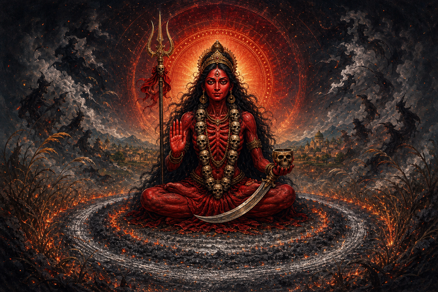 Meditating Rakta Chamunda raises a protective hand as turbulent smoke and embers become ordered rings of light around her.