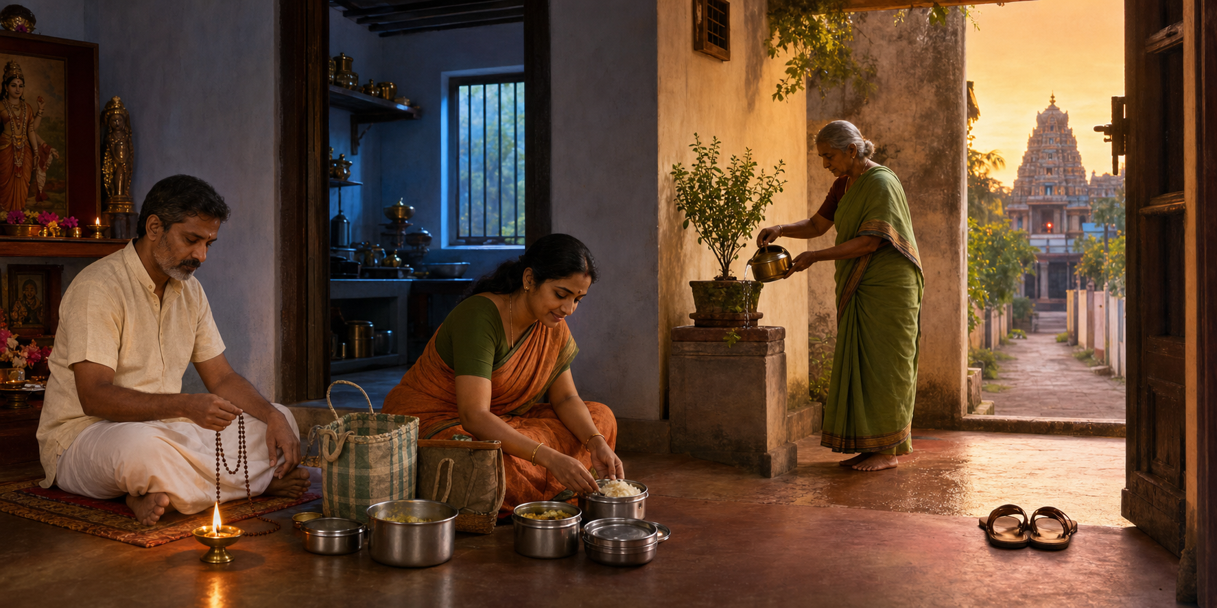 Members of a South Indian household pray, prepare food for charity, and tend a tulsi plant beside a view toward a temple.