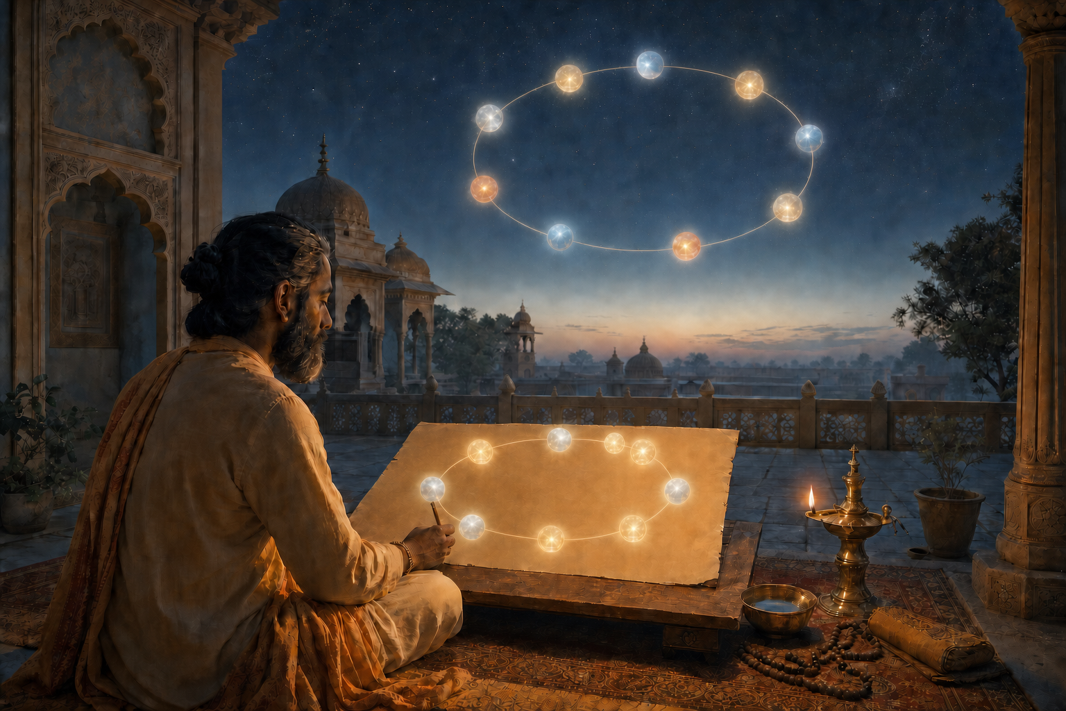 A scholar in a dawn courtyard studies an abstract arrangement of glowing celestial orbs beside an oil lamp and prayer beads.