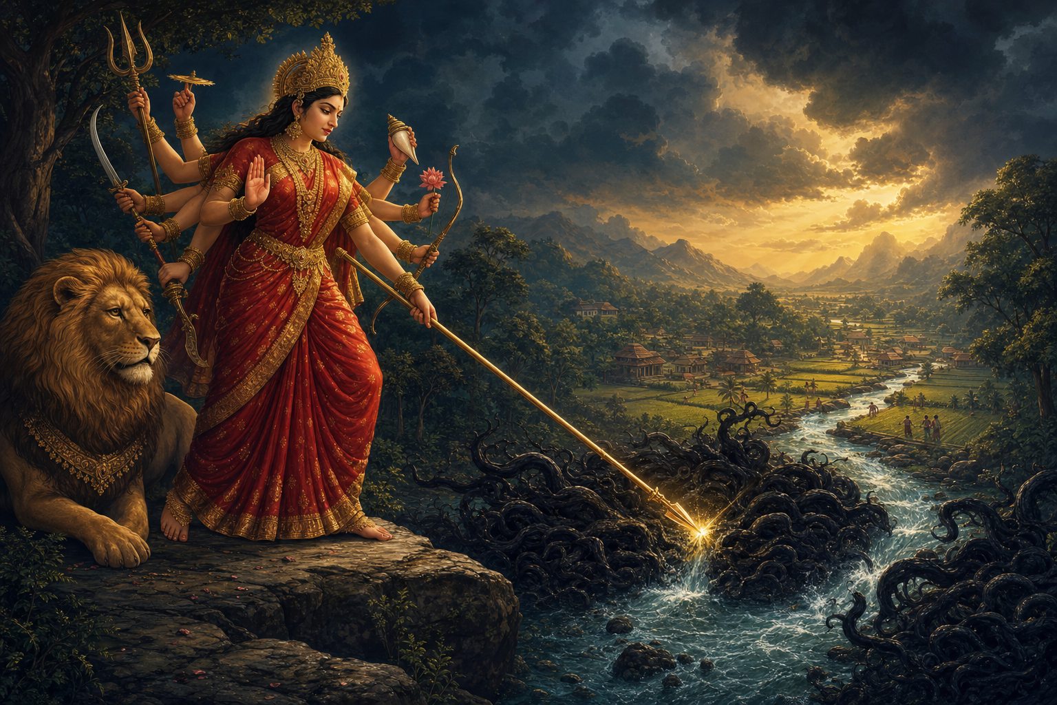 Durga stands beside a calm lion and directs a glowing spear toward a dark tangle that blocks water from reaching fields.