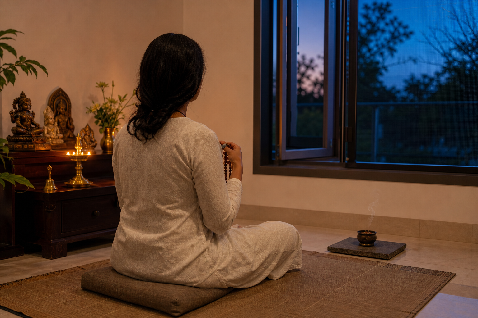 A seated devotee holds prayer beads before a home altar while a small sambrani burner emits a faint wisp of smoke near an open window at dusk.