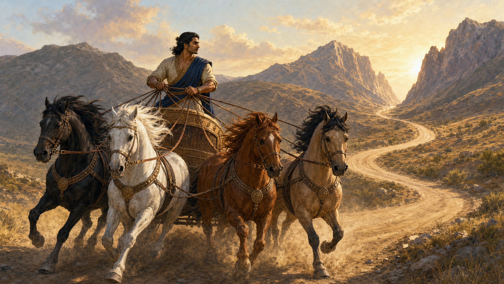 A calm charioteer guides four energetic horses together along a road toward a mountain pass.