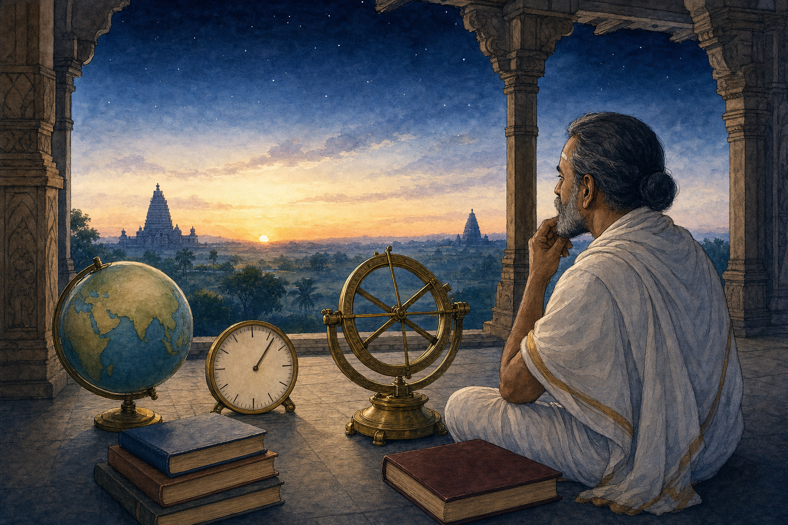A temple calendar keeper checks the dawn horizon with an astronomical instrument, an unnumbered clock, reference books, and a globe.