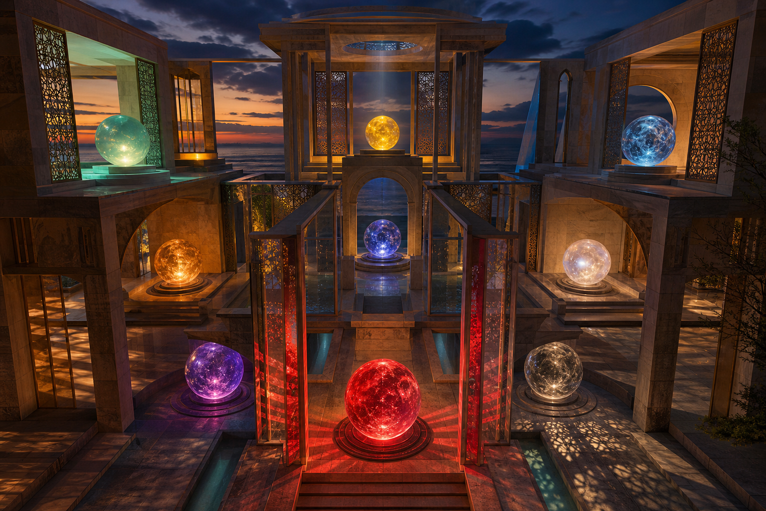 Nine glowing spheres interact with columns, colored light, and shadows inside a layered pavilion.