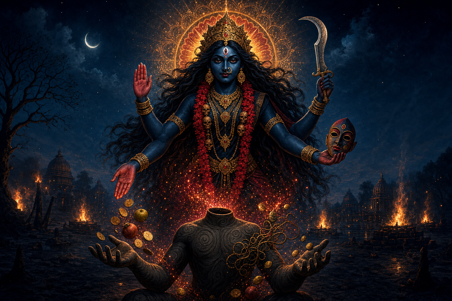 Kali stands above a subdued dark clay torso as its open hands release coins, fruit, and tangled cords that dissolve into sparks.