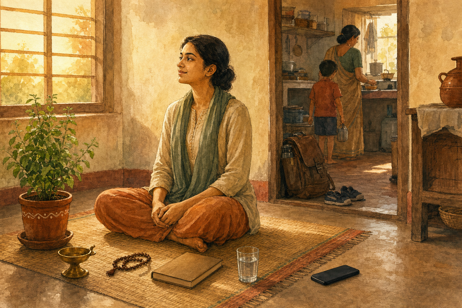 An adult sits quietly on a woven mat at dawn beside prayer beads, water, a brass lamp, and a potted plant while household items wait nearby.