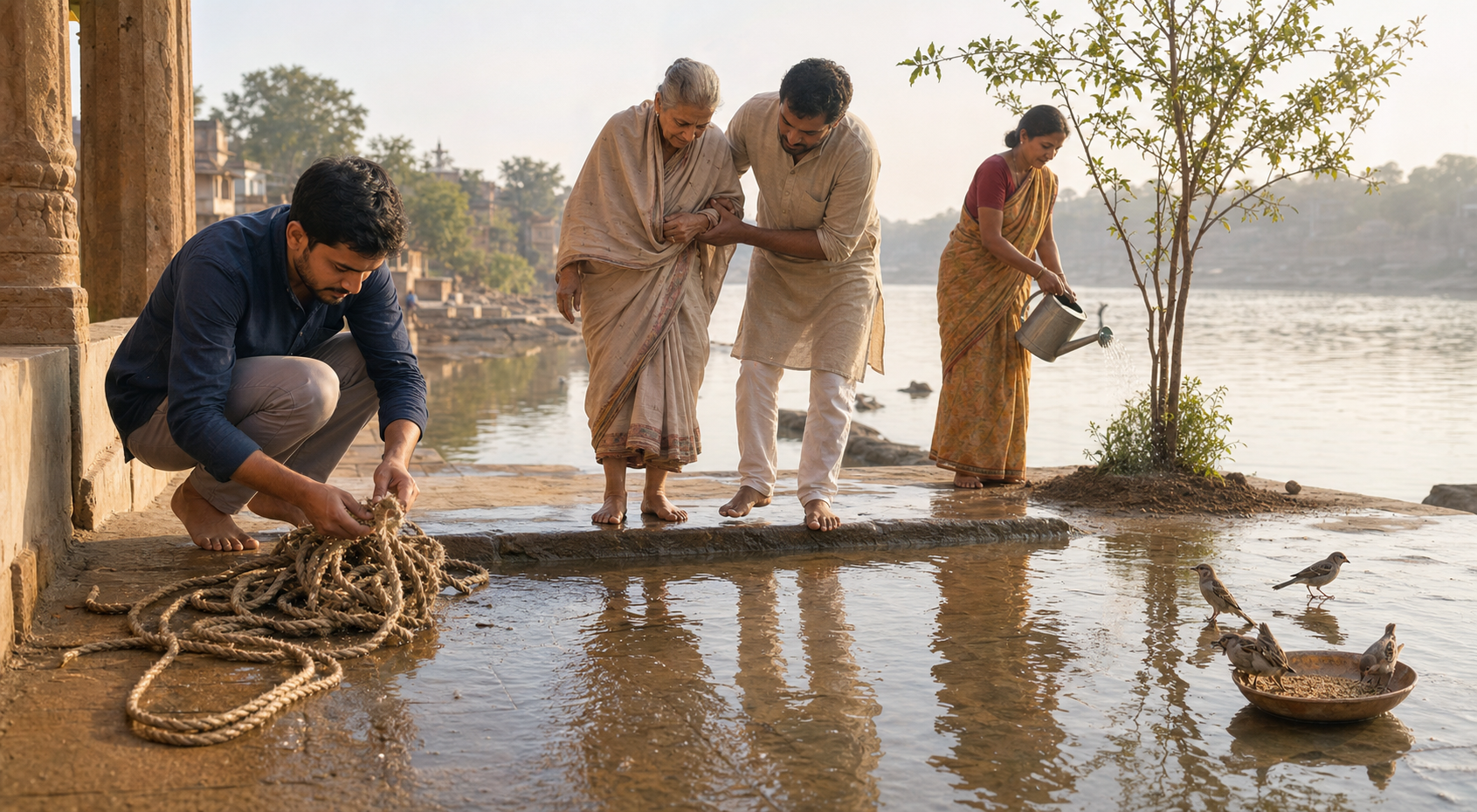 People in a sunlit riverside courtyard help an elder across wet stones, untangle a rope, water a tree, and feed birds.