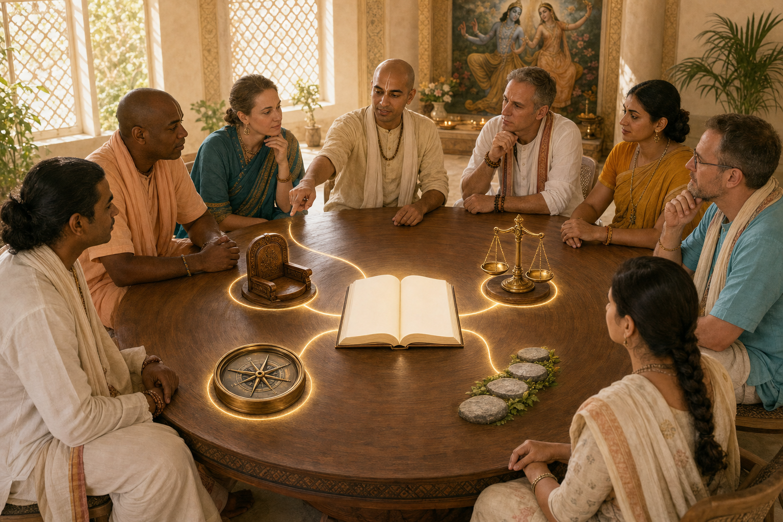 Vaishnava community members sit around a council table as luminous lines connect a blank constitution to objects representing authority, scope, judgment, and procedure.