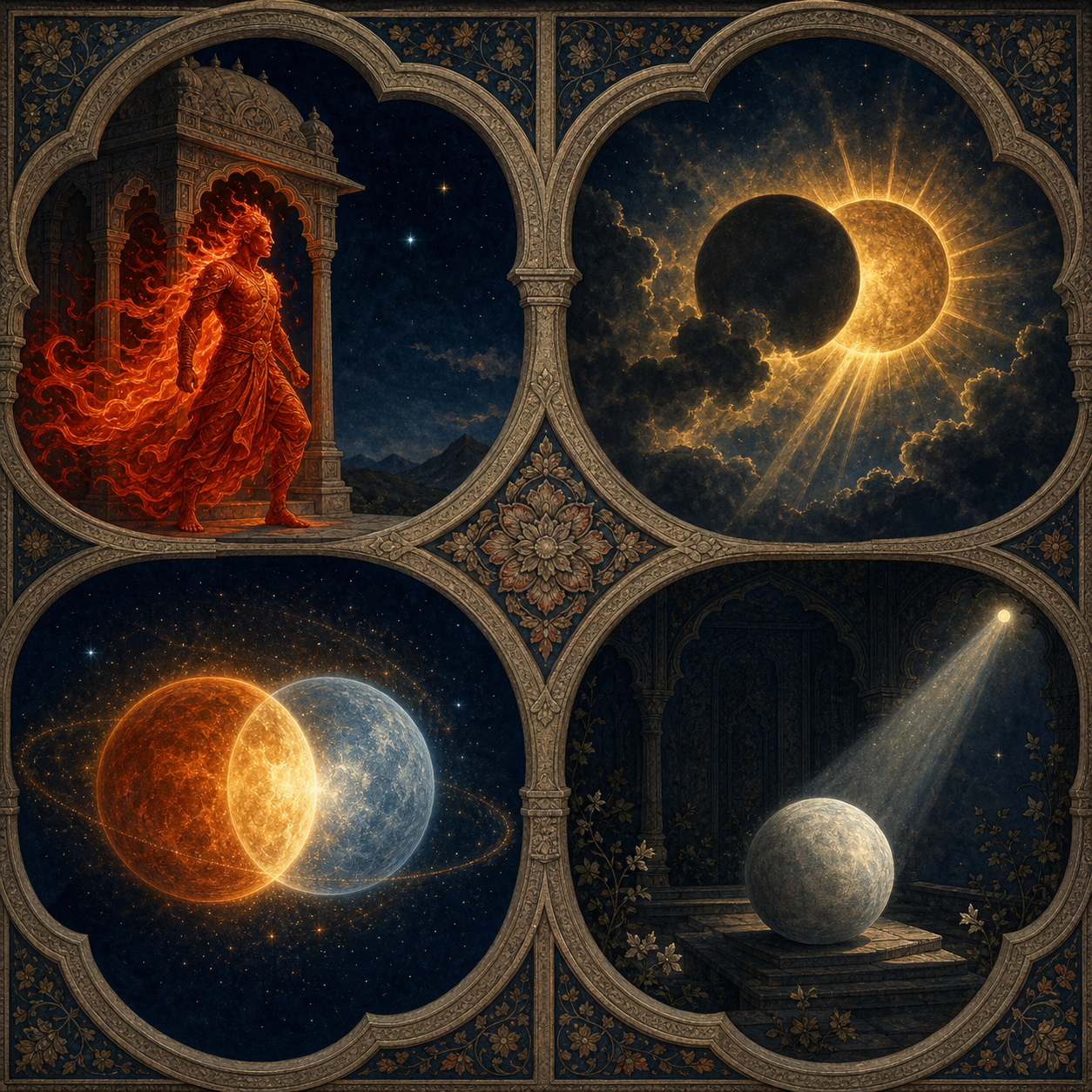 Four connected celestial scenes show a red flame at a doorway, a veiled sun, two close spheres, and a pale sphere in shadow.