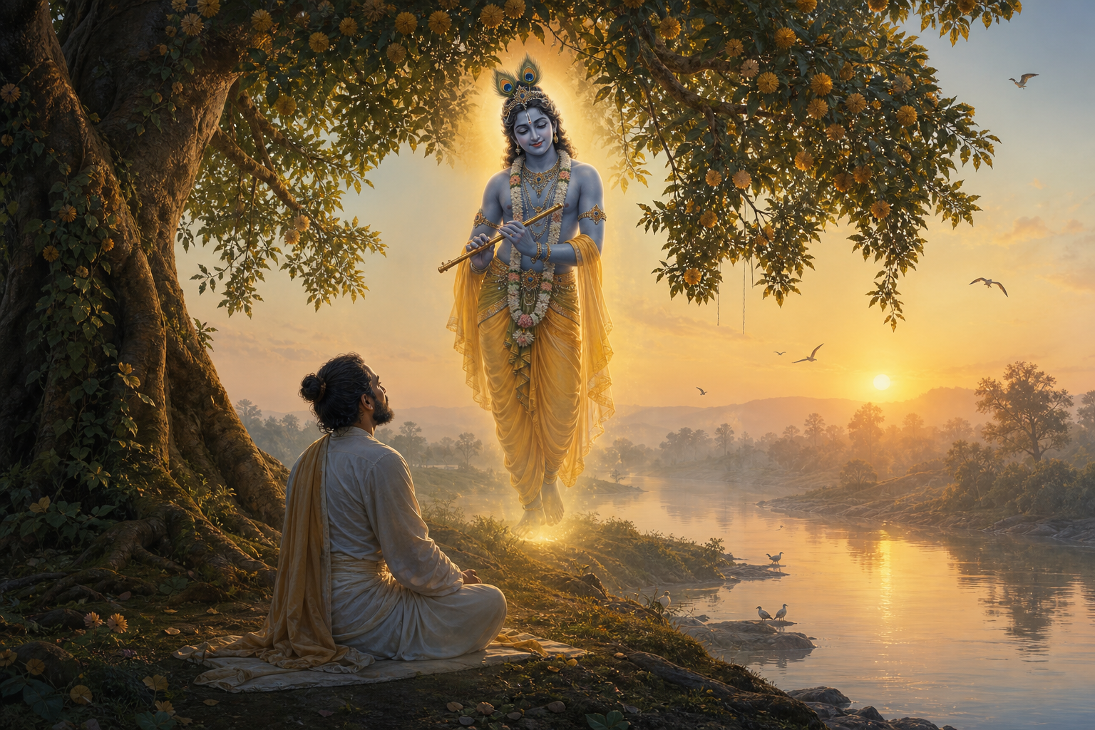 A seeker meditates beneath a riverside tree at dawn as a softly radiant Krishna stands nearby holding a flute.