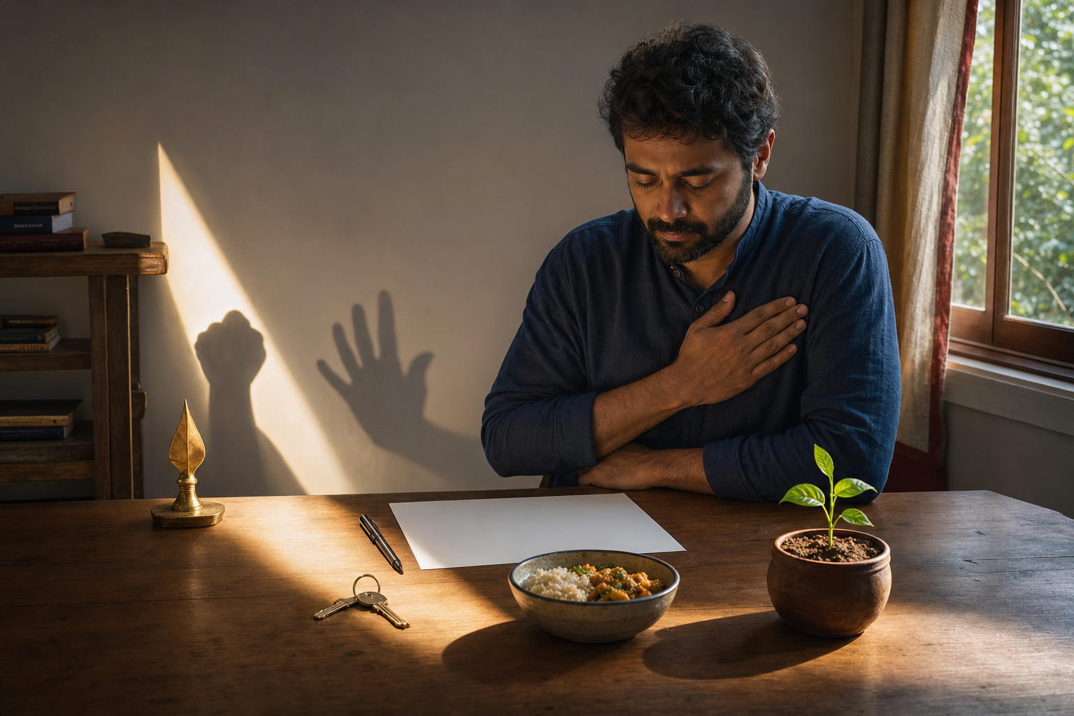 A person pauses over a blank document as morning light from a small brass devotional object falls across a key, shared food, and a seedling.
