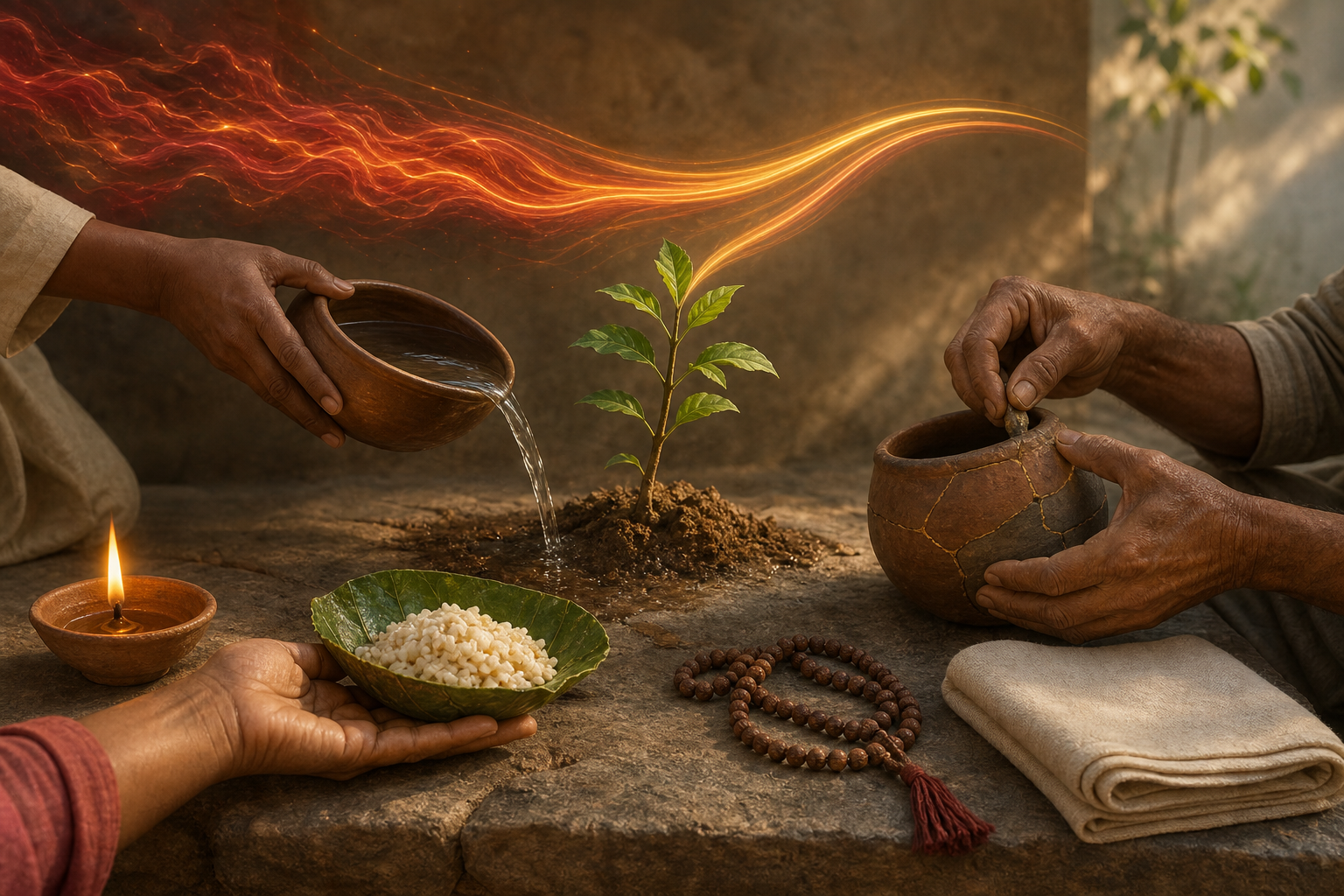 Hands repair a vessel beside an oil lamp, prayer beads, offered food, and water being poured onto a young tree.