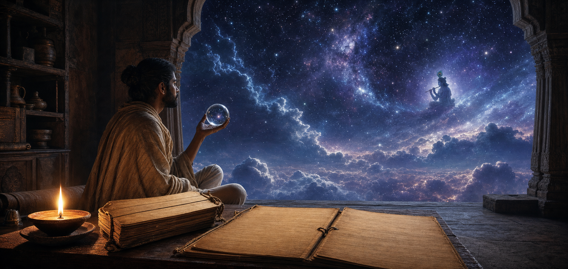 A seeker holds a small crystal vessel reflecting the sky while a vast star-filled cosmos and a distant figure of Krishna extend beyond an open window.