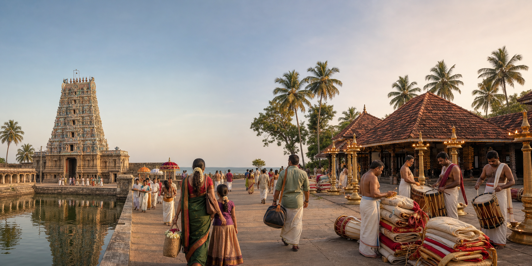 A Tamil temple and waterside procession share a panoramic scene with a lamp-lit Kerala temple courtyard framed by coconut palms.