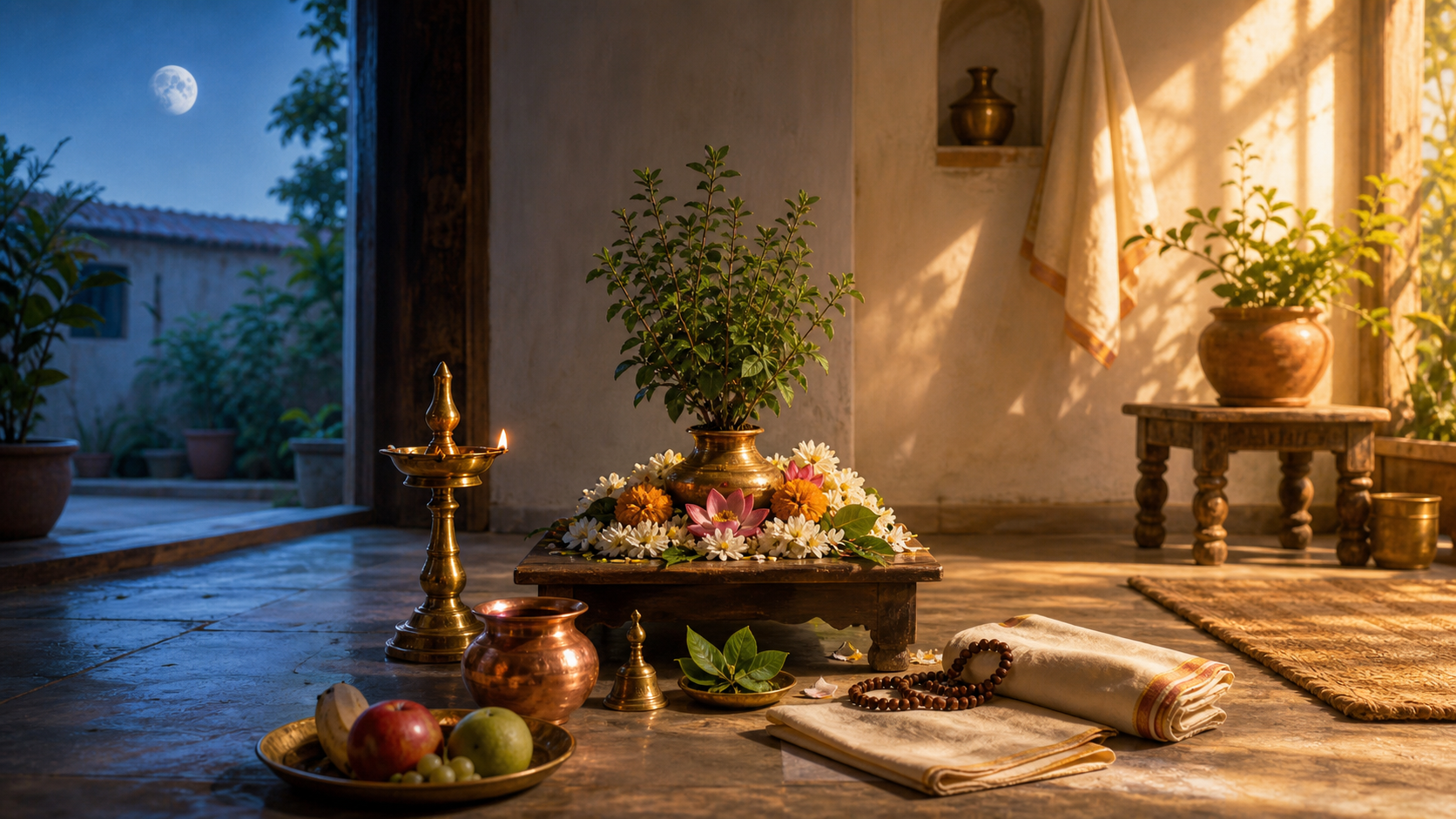 A home prayer setting with a brass lamp, copper water vessel, prayer beads, fruit, and tulsi leaves lit by changing morning sunlight.