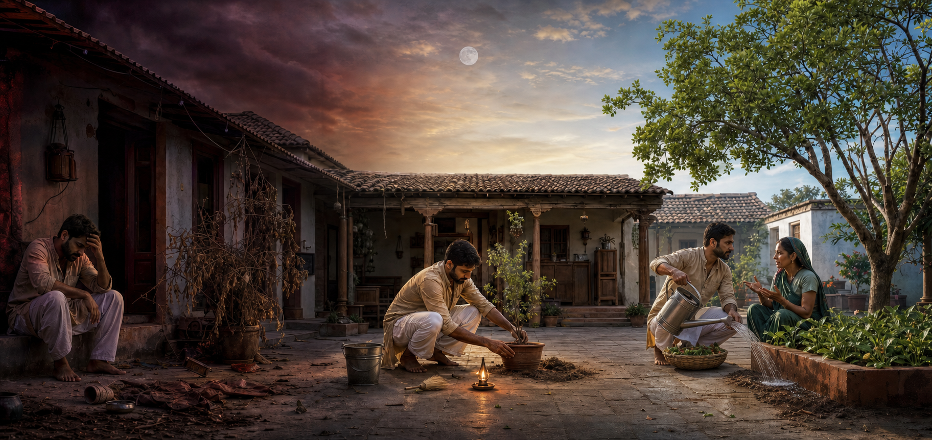 A continuous courtyard scene shows a tense figure becoming calm, completing work, listening to another person, and caring for a tree.