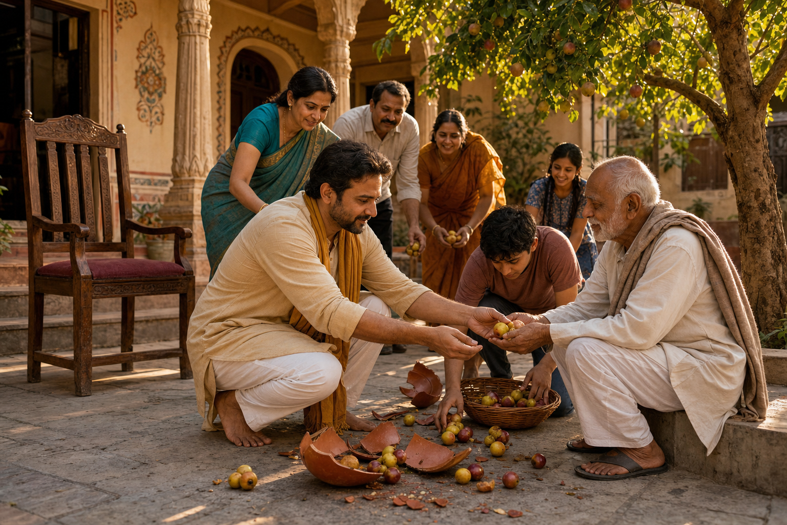 A calm householder helps a younger person collect fruit from beside a broken bowl while sharing fruit with an elderly neighbor.