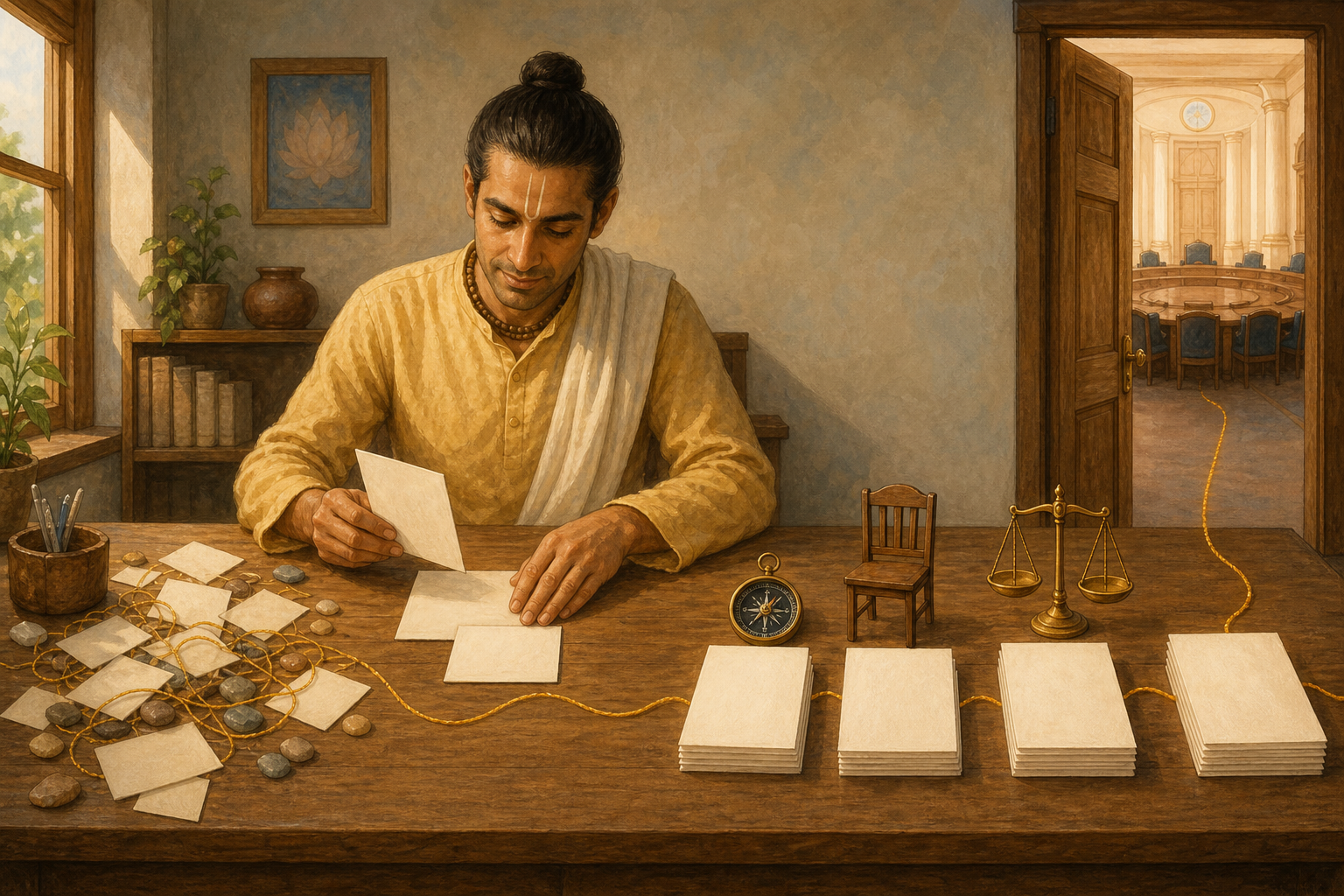 A Vaishnava practitioner sorts scattered blank papers and tangled thread into orderly evidence piles connected by a golden thread to an open council doorway.