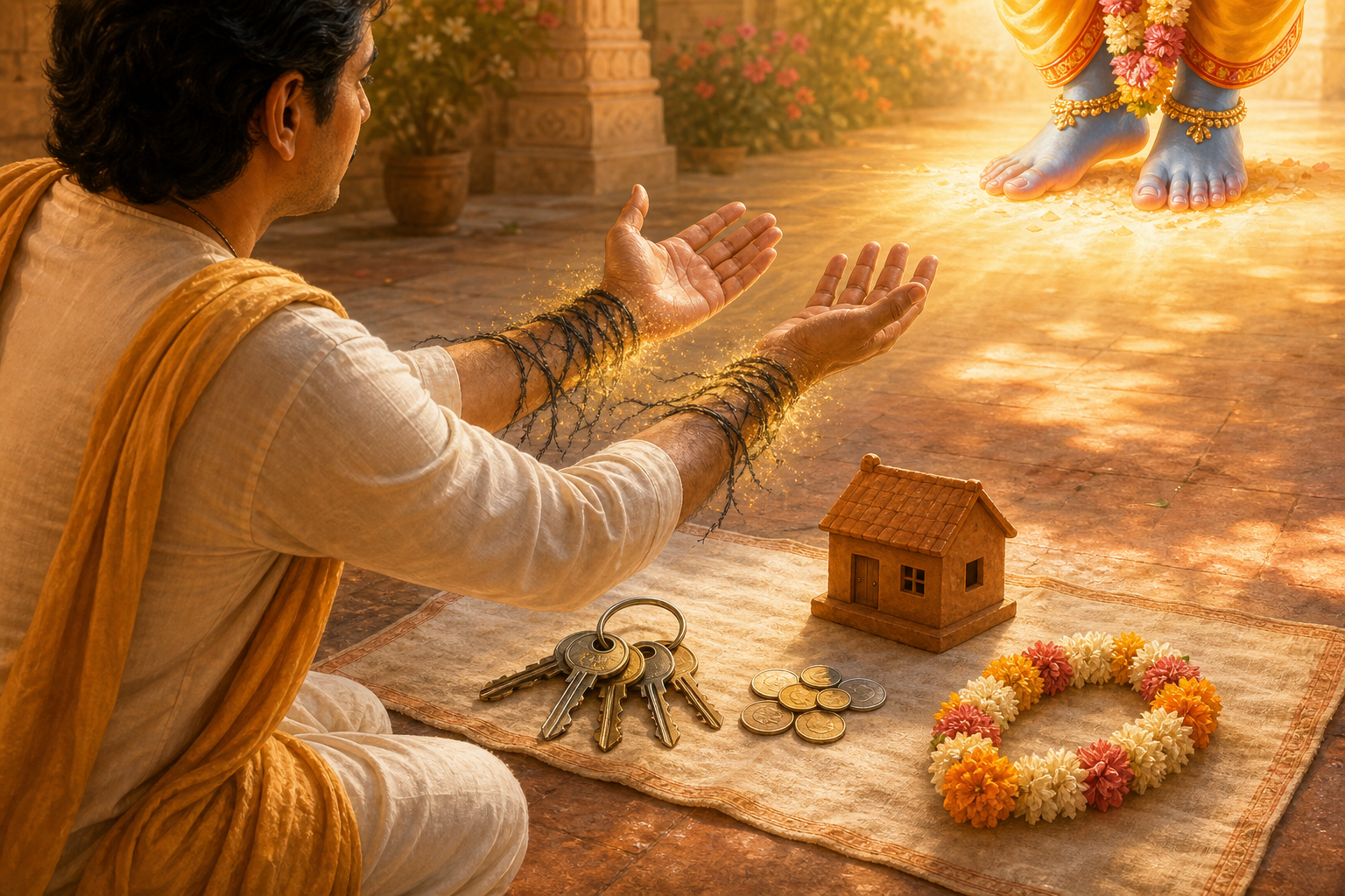 A kneeling devotee opens both hands and offers keys, coins, a model house, and a garland as dark threads dissolve from the wrists.