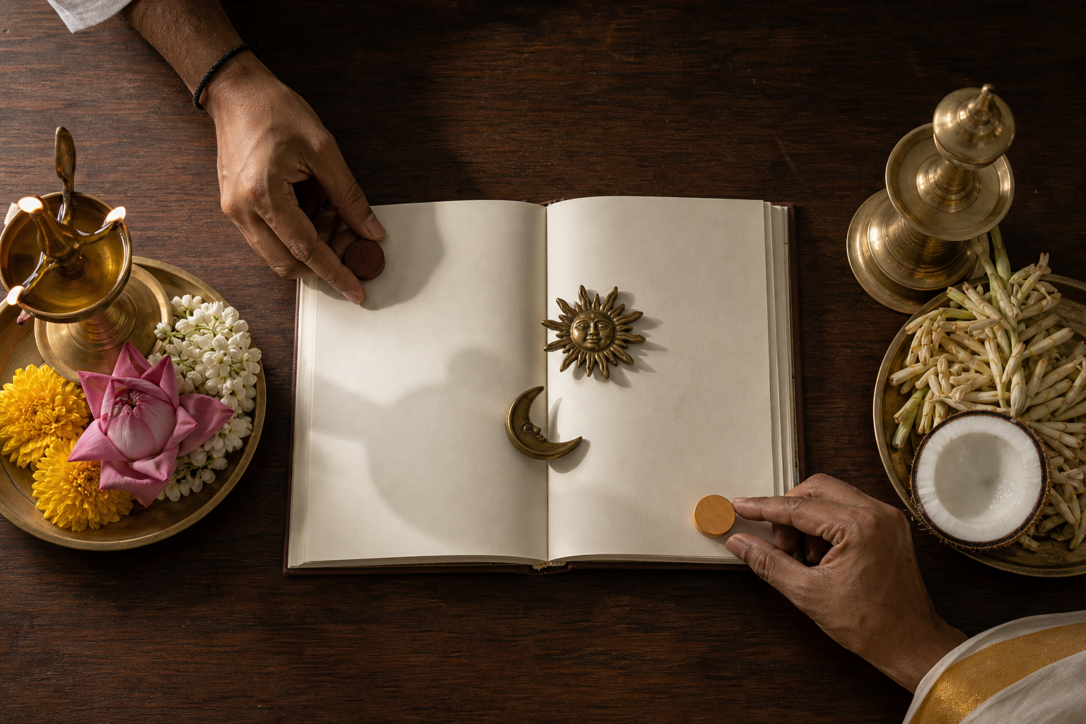 An unmarked planner sits between Tamil- and Kerala-style lamps as hands arrange wooden markers beneath brass sun and moon models.