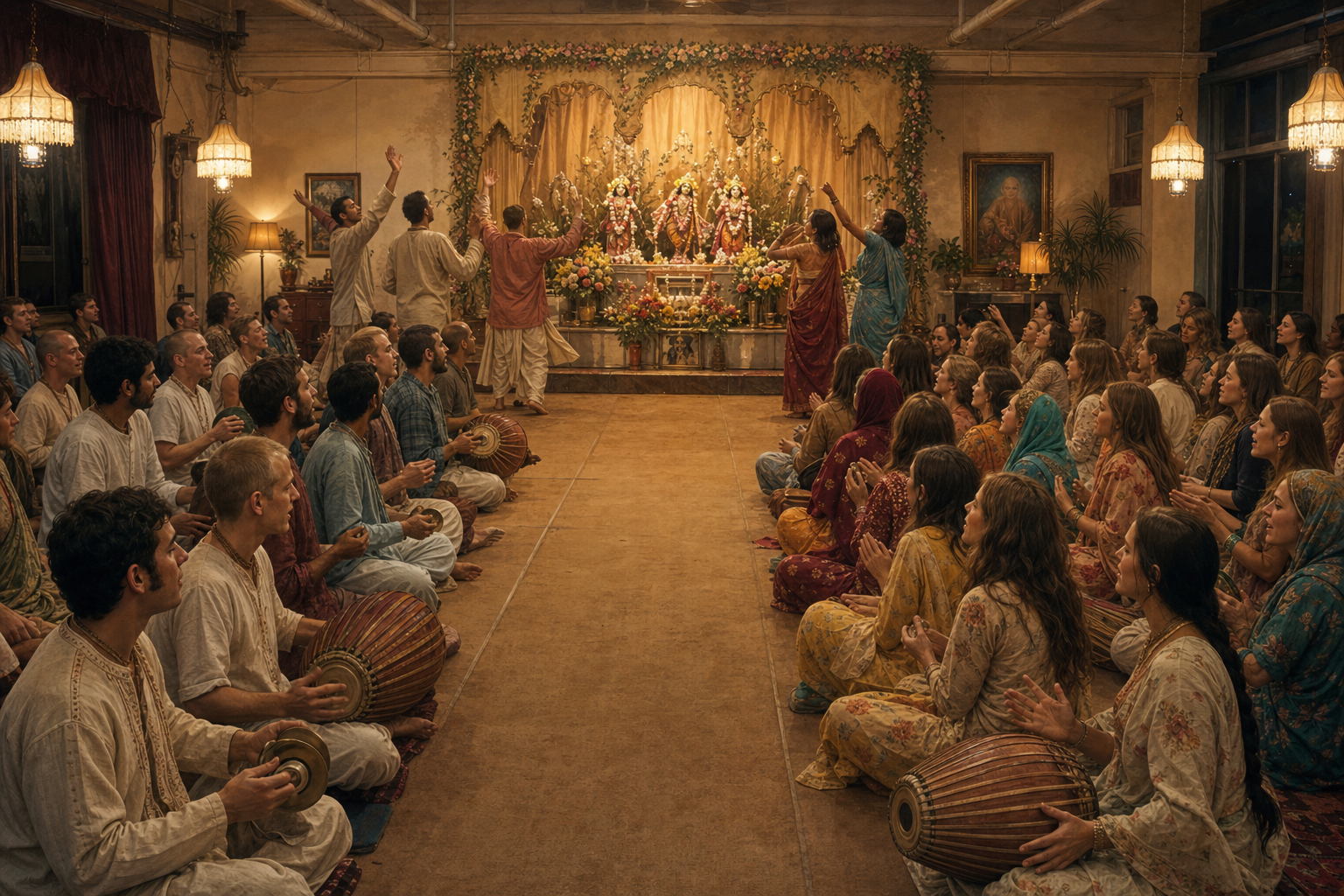 Women and men worship in equally sized sections of an early 1970s temple room during a shared kirtan facing the same altar.