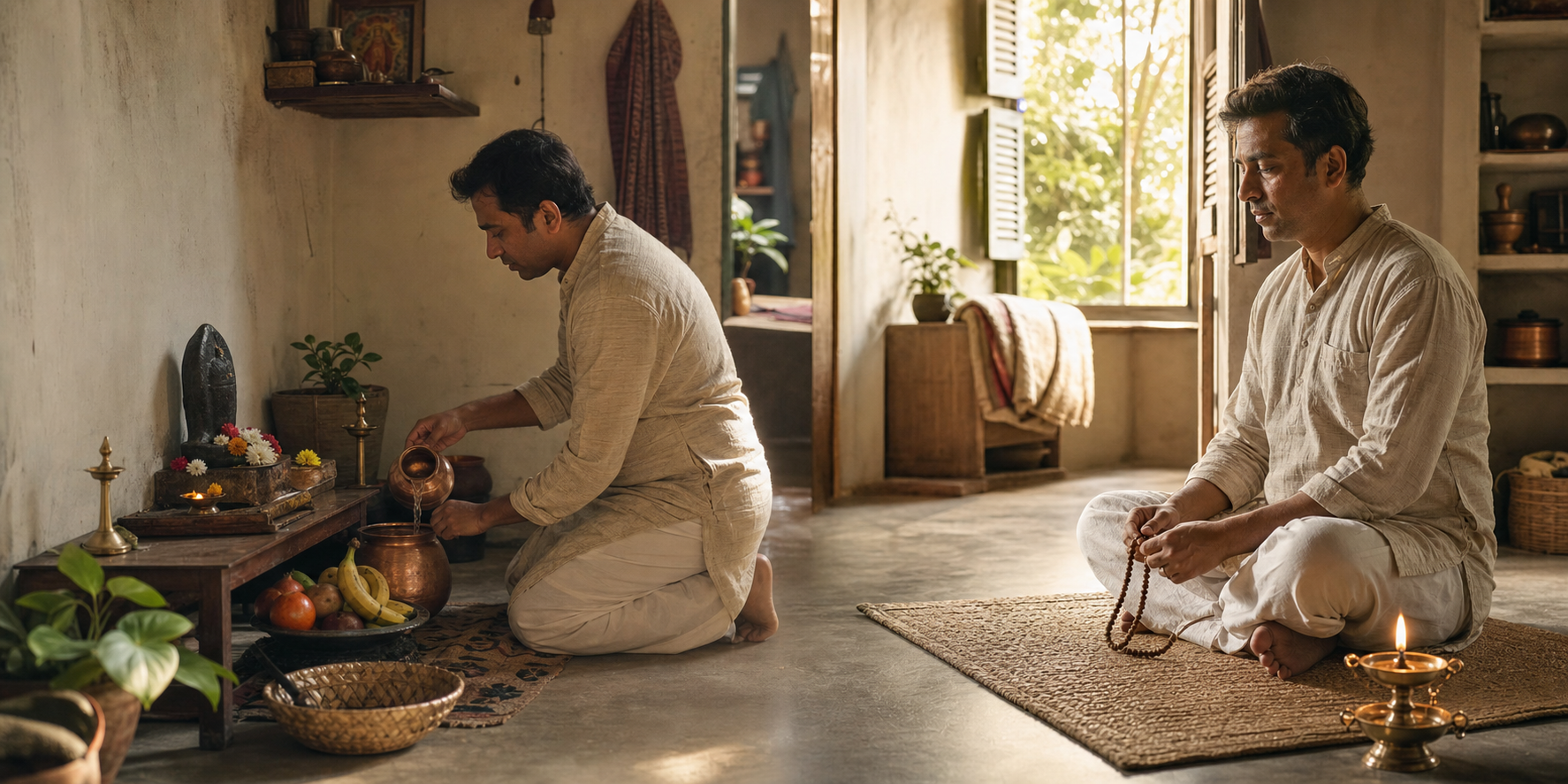 A devotee prepares a home prayer area in early light and later sits with prayer beads beside a lit lamp.