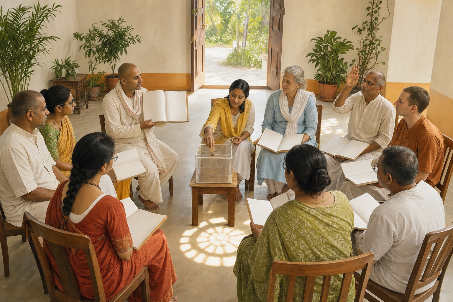 Devotional community members sit in an equal circle while reviewing a blank ledger and placing a wooden token into a transparent review box.