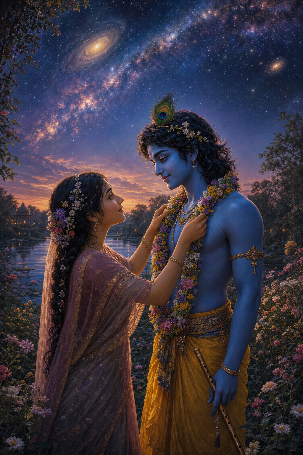 A devotee offers a flower garland to Krishna in a twilight grove while galaxies and celestial light fill the distant sky.