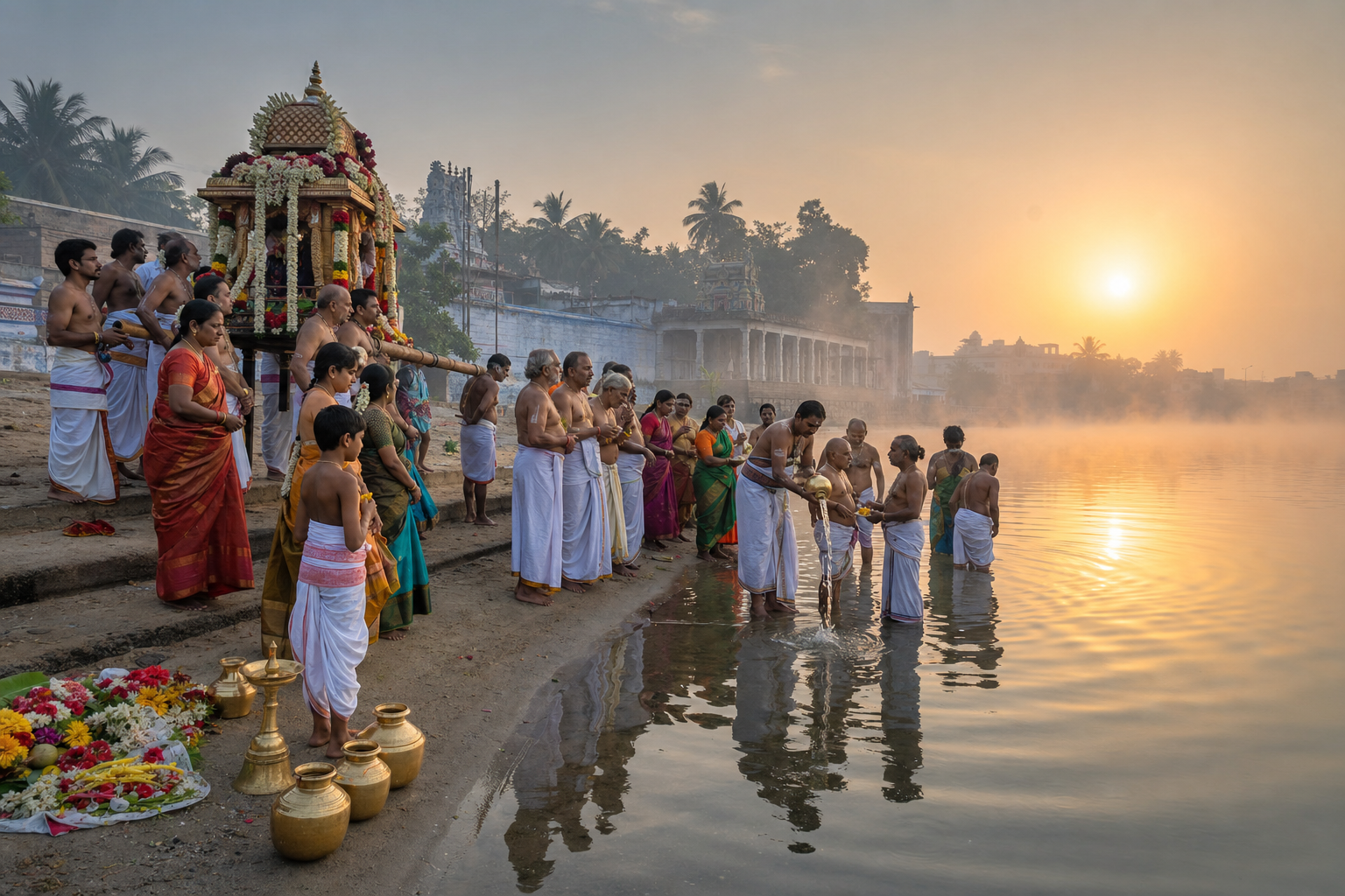 Priests and devotees gather beside the water with a flower-decorated processional palanquin during a Tamil theerthavari ceremony.