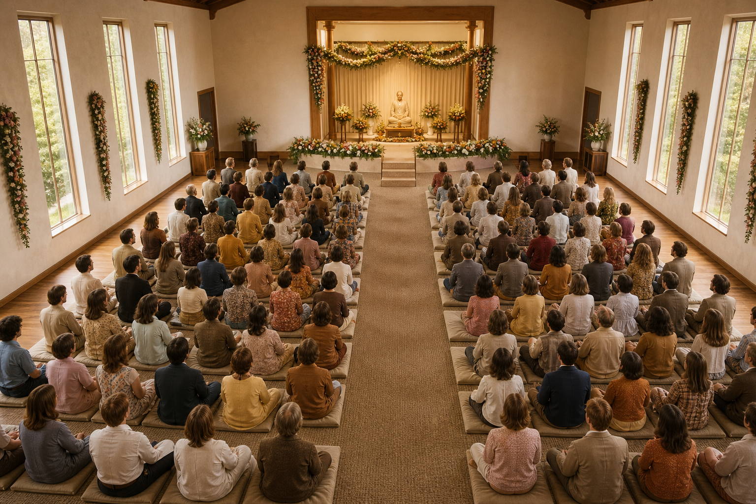 An elevated view shows women and men seated in two equally sized temple sections with the same proximity and sightline to the altar.