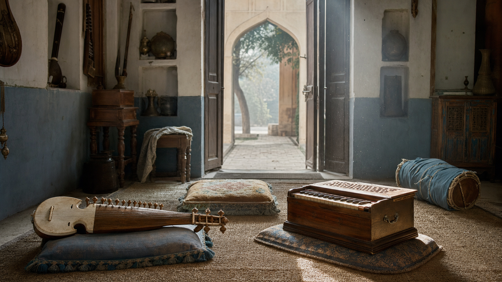 A rabab and wooden harmonium sit side by side in a quiet music room with an empty teaching cushion and an open doorway.