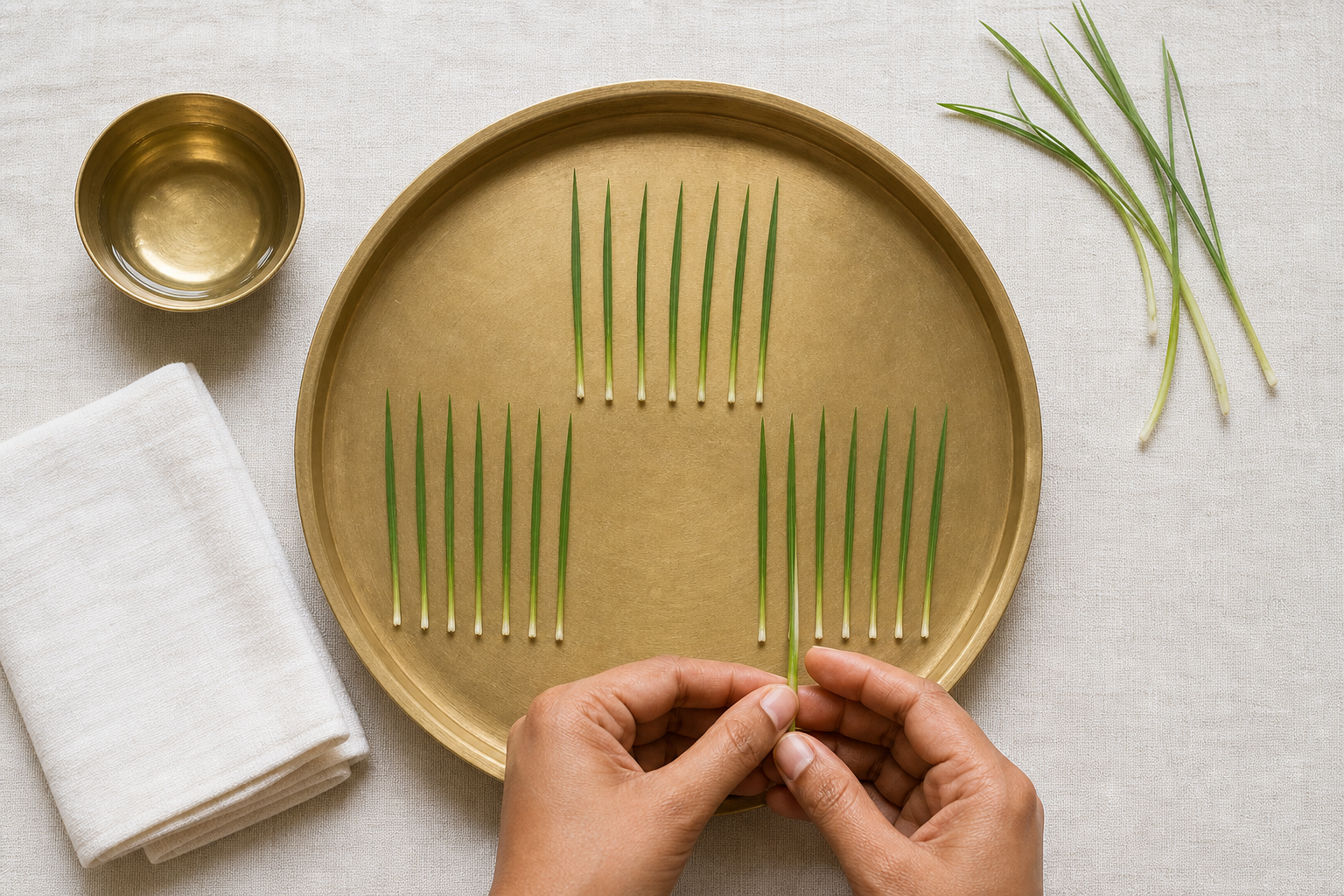 Twenty-one pieces of fresh durva are arranged in three groups of seven on a brass plate beside water and a folded cloth.