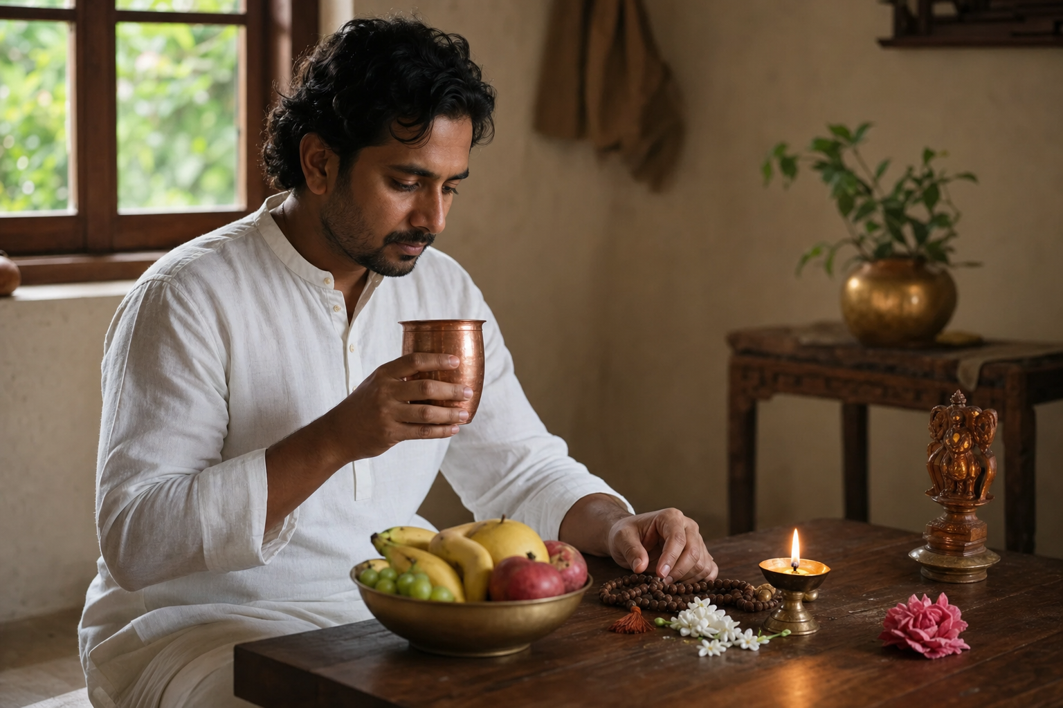 A seated devotee considers water, fruit, prayer beads, flowers, and an oil lamp at a low table.
