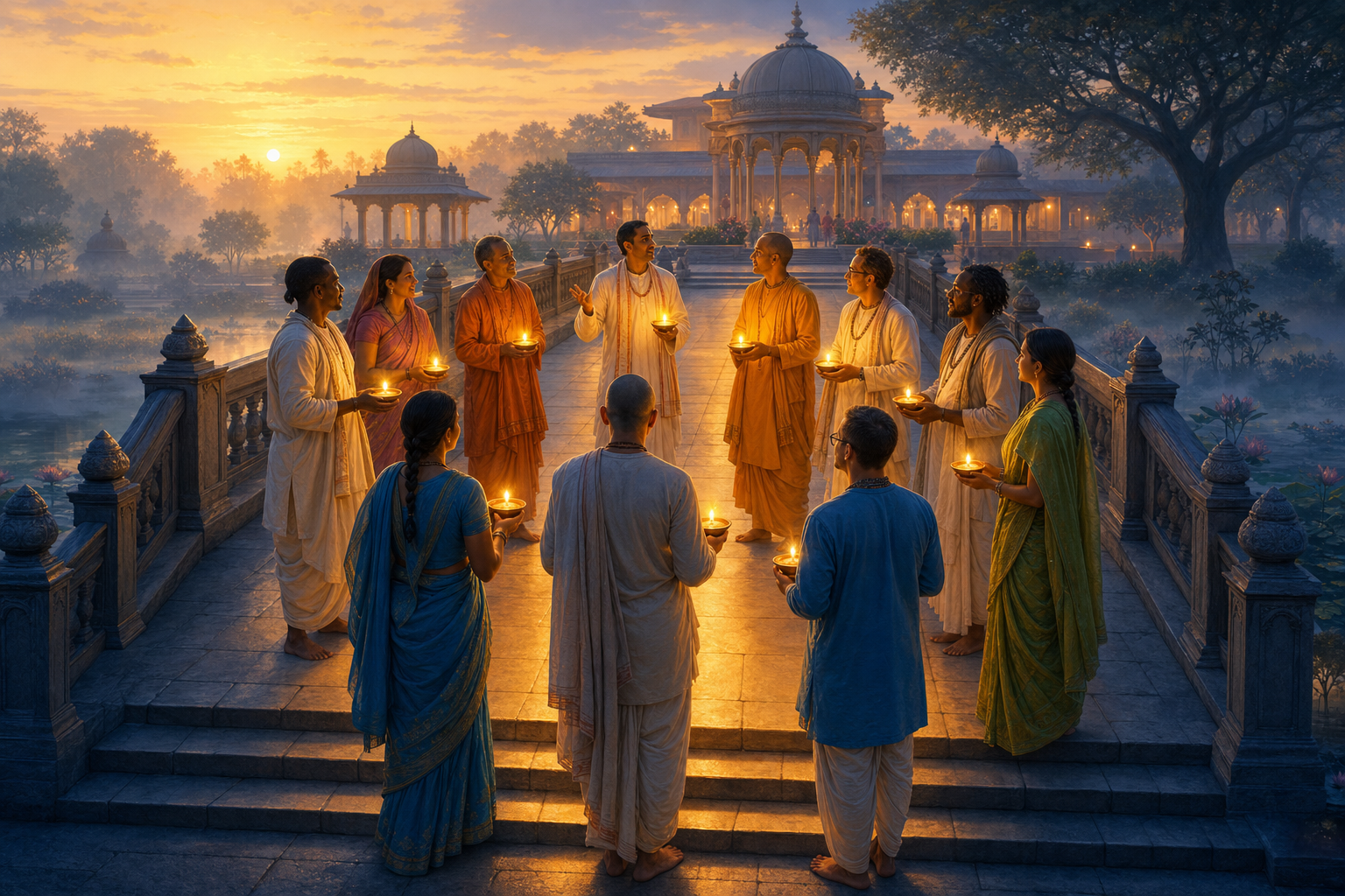 A group of Vaishnava practitioners carrying separate lamps pauses together on a stone bridge as one member speaks and the others listen.