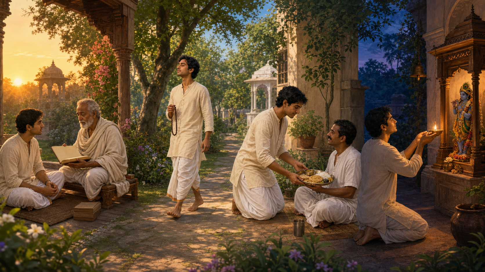 A continuous courtyard scene shows a devotee listening to scripture, chanting with beads, serving a meal, and offering an evening lamp.