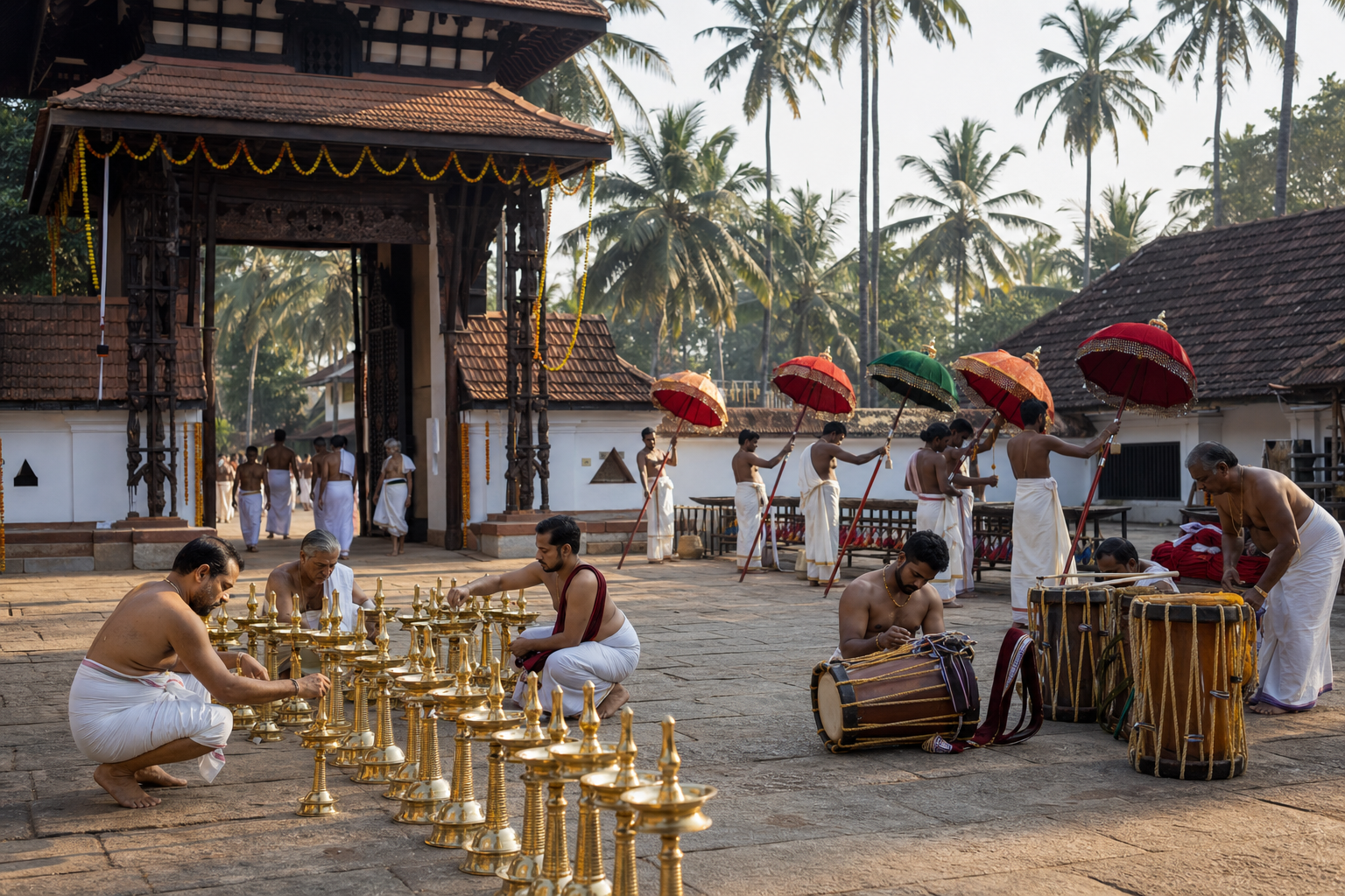 People prepare oil lamps, chenda drums, and ceremonial parasols in a coconut-framed Kerala temple courtyard.