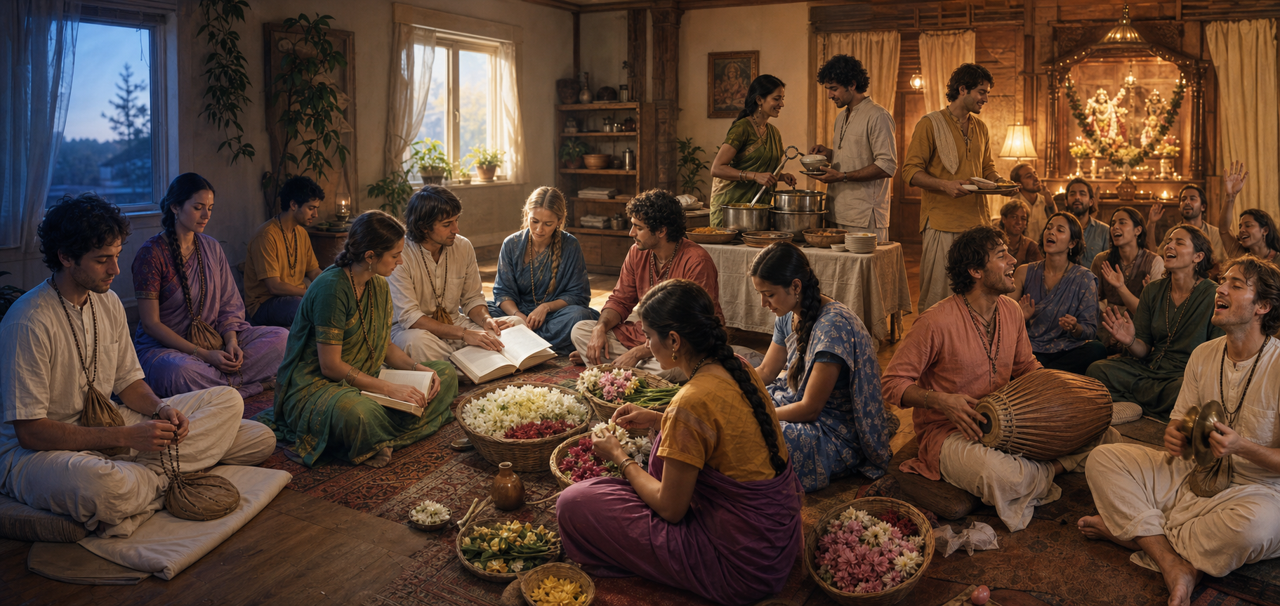 A continuous panorama shows women and men chanting, studying, performing service, and joining kirtan through a full temple day.