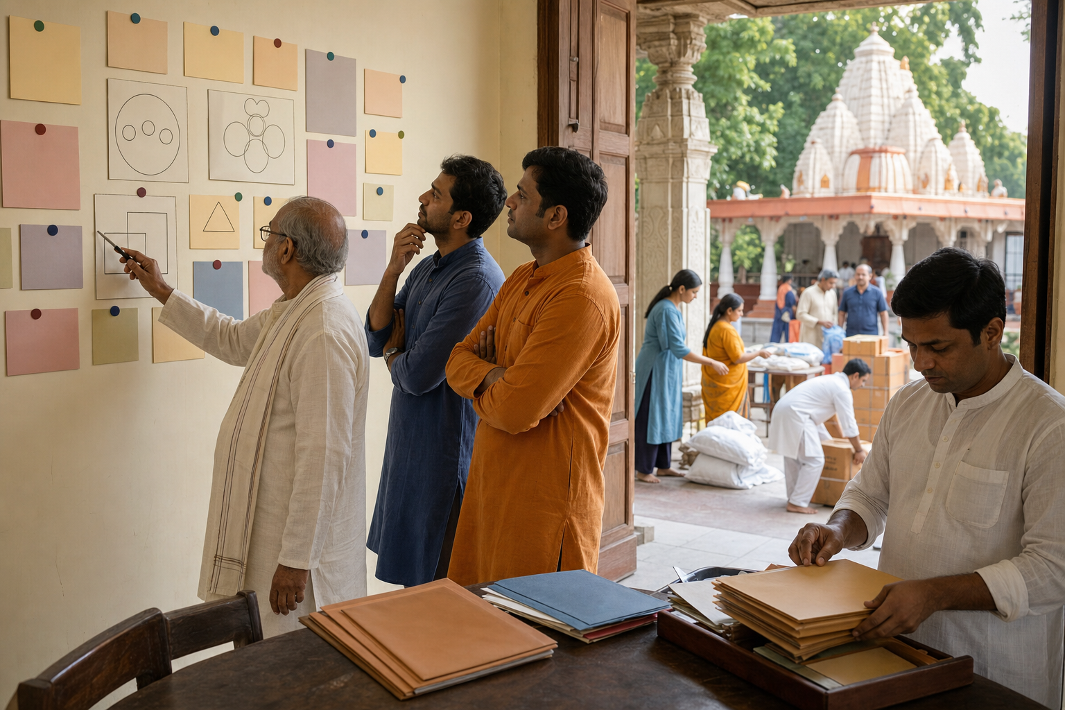 An elder and younger temple leaders review blank planning materials while volunteers coordinate service in a nearby courtyard.