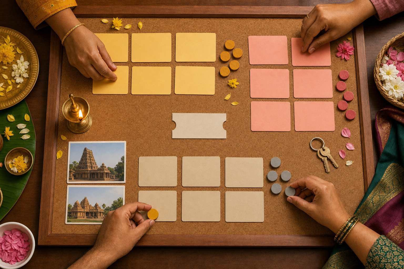 Family members arrange colored tokens, blank cards, travel items, flowers, and temple postcards on a household planning board.