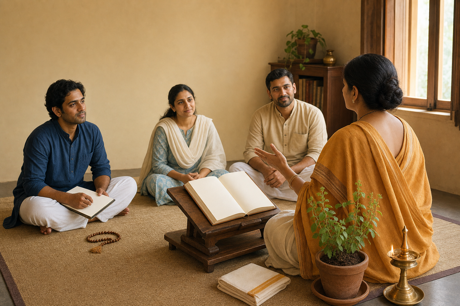 A fictional Vaishnava teacher and several adults study an open sacred book together in a quiet, lamp-lit room.