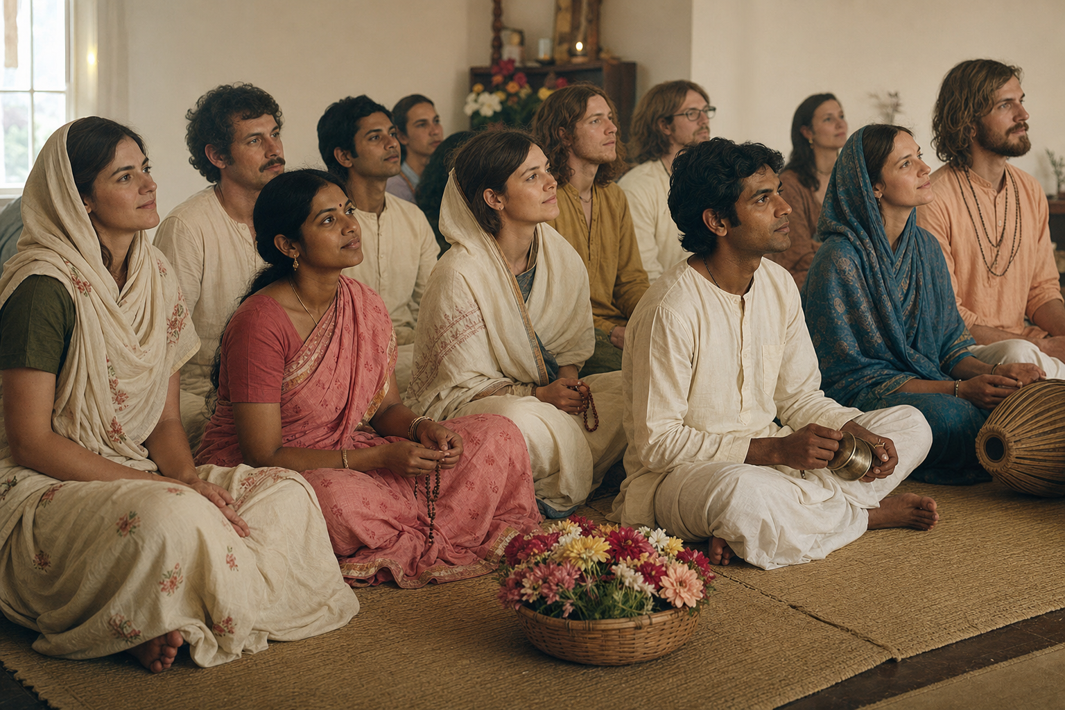 Women in saris and men in dhotis sit with prayer beads and kirtan instruments in a temple, all facing the same sacred focal point.