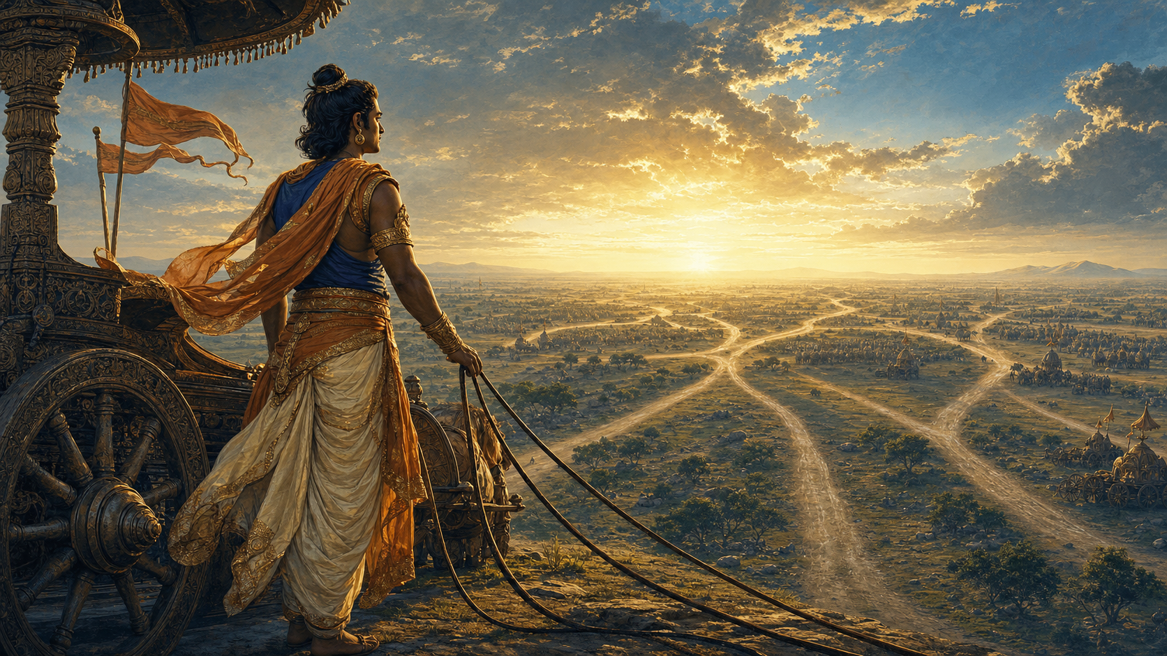 An ancient Indian warrior pauses beside a chariot at sunrise as several paths extend toward a distant battlefield.