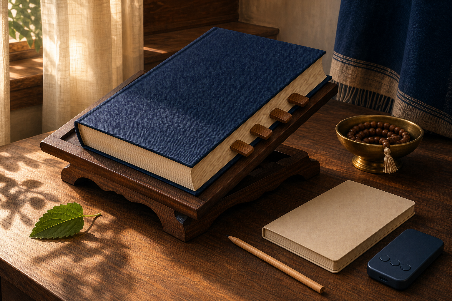 A scripture book, blank notebook, prayer beads, and an audio player are arranged on a sunlit wooden study desk.