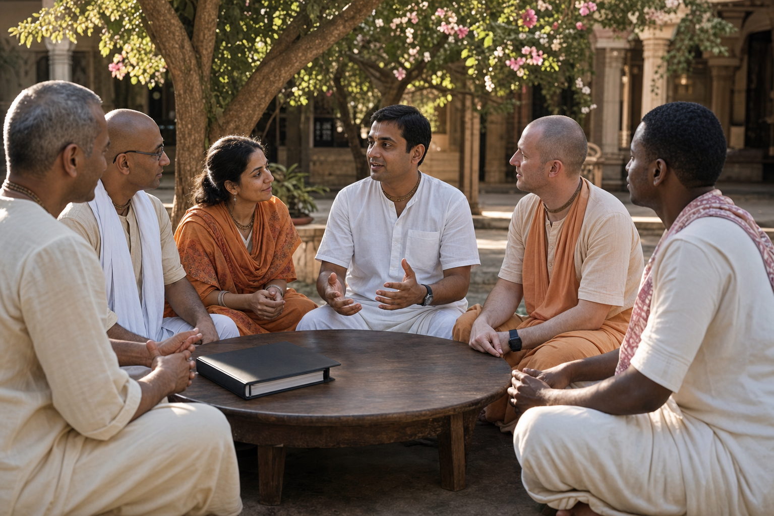 A diverse group of devotees listens to one another around an equal-height table in a warm temple courtyard.