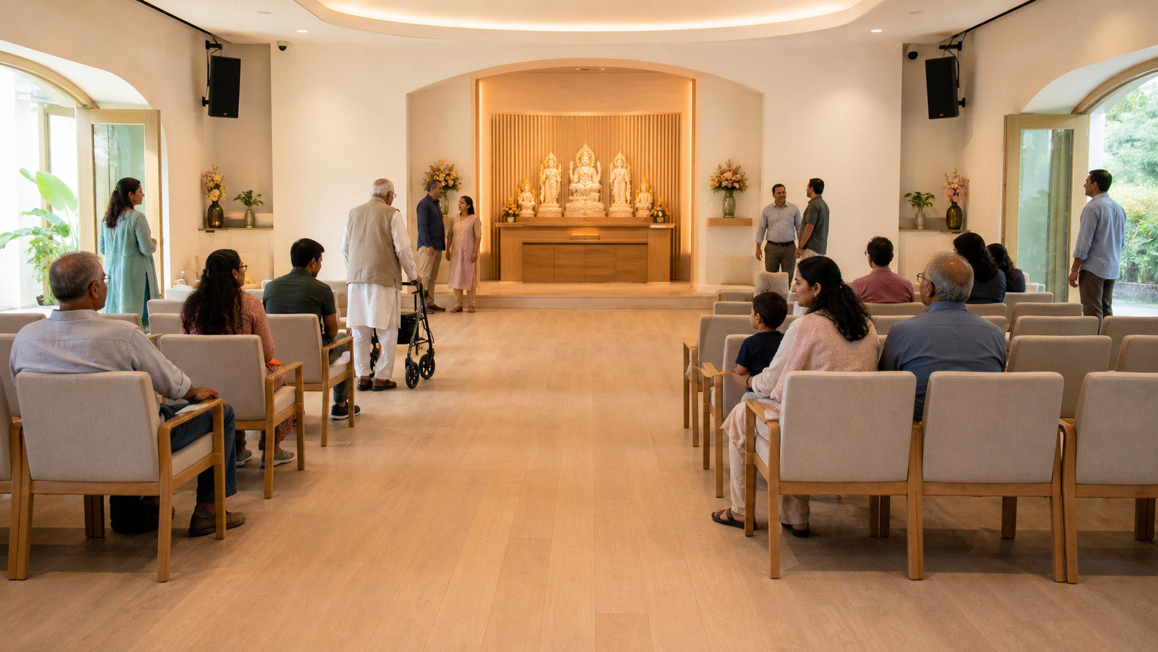 A multigenerational group checks a contemporary temple room with equal seating areas, clear altar views, open pathways, and accessible space.